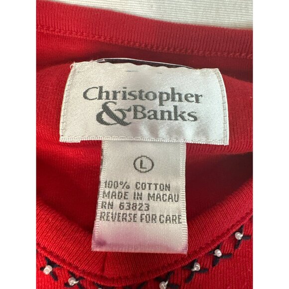 Red Christopher & Banks Womens Fringe Hem Cotton Top Large Beaded Details Boho - Picture 2 of 4